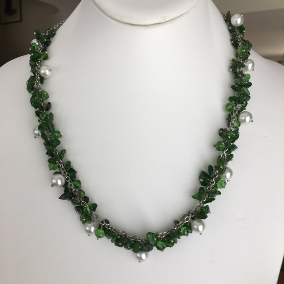 Vintage Jewelry - Natural chrome diopside cultured freshwater pearl stainless steel necklace